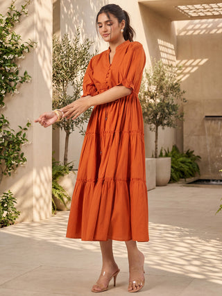 Rust Solid Flared Midi Dress with V-Neck Mandarin Collar