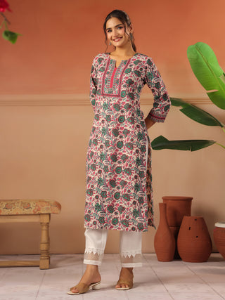 Green Floral Print Cotton Straight Kurta
