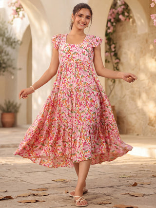 Pink Floral Printed Fit-and-Flare Short Sleeves Dress