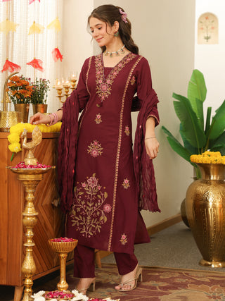 Wine Floral Embroidered Cotton Straight Kurta Set