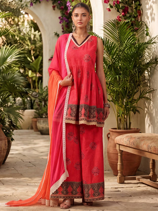 Women Ethnic Motifs Printed Empire Pure Cotton Kurta with Sharara & With Dupatta