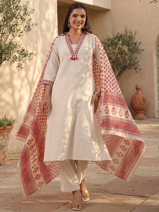 Off-White Cotton Straight Kurta Set with Red Embroidery