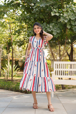 Beige Striped Fit & Flare Dress