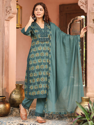 Teal Floral Print 3-Piece Straight Kurta Set