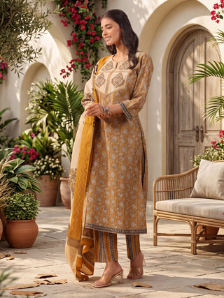 Mustard Printed Embroidered 3-Piece Kurta Set