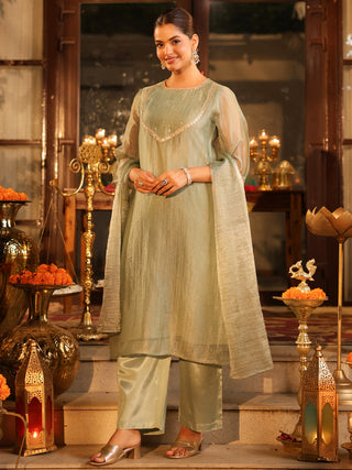 Dusty Blue Sequin Tissue A-Line Kurta Set with Pocket