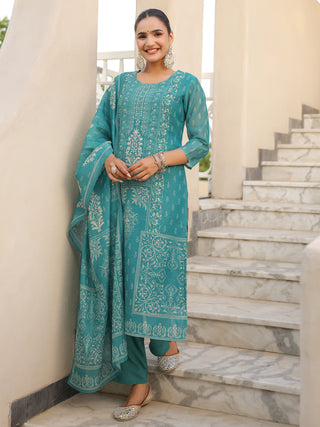 Teal Ethnic Motif Print 3-Piece Straight Kurta Set