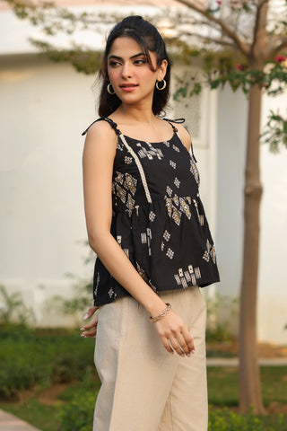 Black Abstract Print Fit & Flare Top