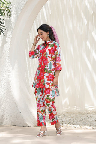 Printed Shirt Collar Pure Cotton High Low Tunic With Trousers