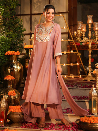 Mauve Embroidered Chanderi A-Line Kurta Set with Pocket