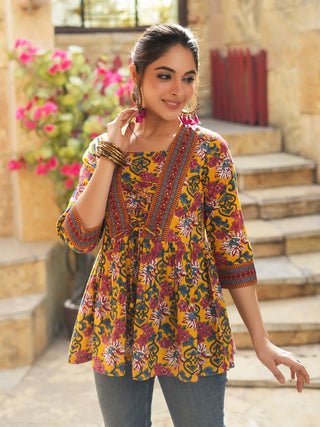 Women Mustard Floral Printed Pure Cotton Empire Tops