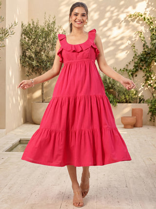 Pink Solid Cotton Tiered Dress with Pocket