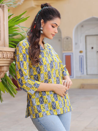 Print Mandarin Collar Cotton Top