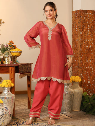 Rose Pink Paper Shimmer Lace Co-Ord Set