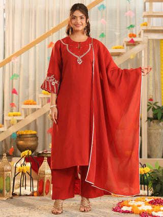 Rust Embroidered Mul Chanderi Straight Kurta Set with Dupatta