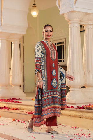 Floral Printed Mandarin Collar Muslin Kurta With Trousers & Dupatta