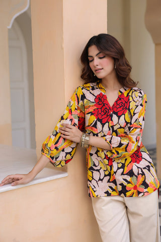 Printed Mandarin Collar Top & Trousers Co-Ords