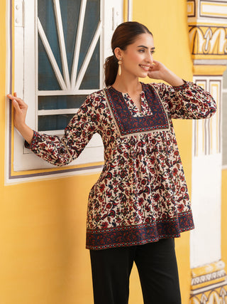 Beige Ethnic Motif Print Lace Top