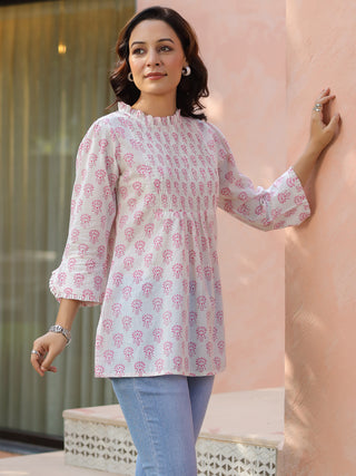 White Ethnic Motif Print Ruffle Top