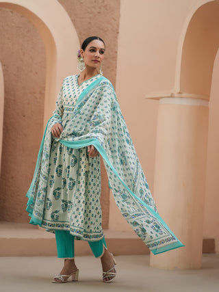 Women Teal Floral Printed Pure Cotton A-line Kurta With Solid Trouser And With Printed Dupatta