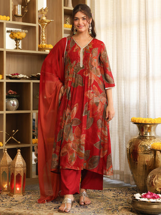 Maroon Floral Chanderi A-Line Kurta Set with Pocket