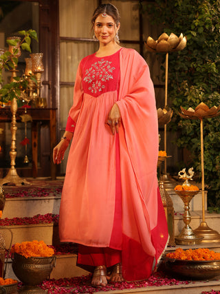 Pink Embroidered Yoke A-Line Kurta Set with Pocket