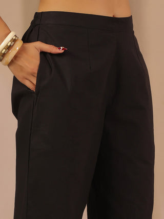 Black Solid Cotton Trousers with Pockets