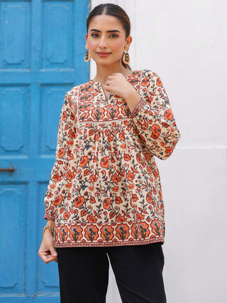Orange Ethnic Motif Print Lace Top