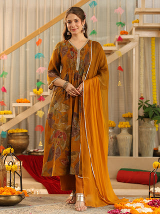 Mustard Floral Chanderi A-Line Kurta Set with Pocket