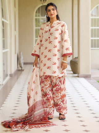Off White Ethnic Motif Print Lace 3-Piece A-Line Kurta Set