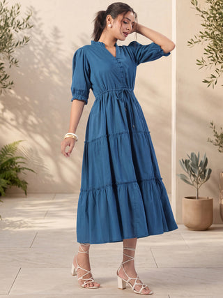 Teal Solid Flared Midi Dress with V-Neck Mandarin Collar