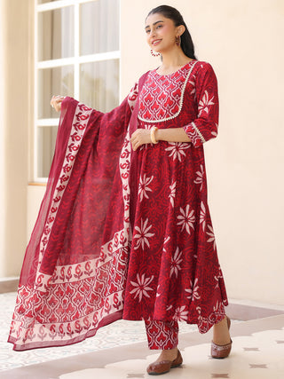 Maroon Ethnic Motif Print Fit & Flare 3-Piece Anarkali Kurta Set