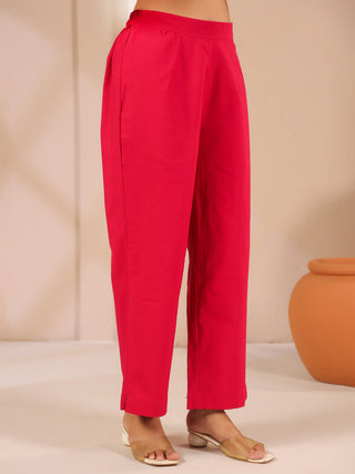 Pink Solid Cotton Trousers with Pockets