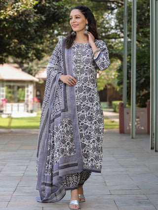 Women Grey Floral Printed Straight Kurta With Afghani Salwar And Printed Dupatta