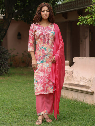 Pink Floral Embroidered 3-Piece Straight Kurta Set