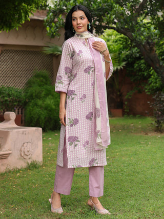 Purple Floral Print 3-Piece Straight Kurta Set