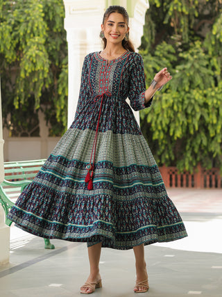 Printed Round Neck Pure Cotton Ethnic Dresses