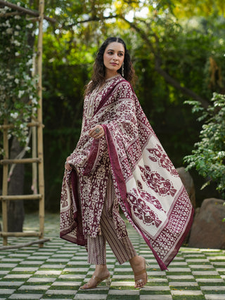 Women Maroon Ikat Printed Pure Cotton Straight Kurta With Printed Trouser And Printed Dupatta