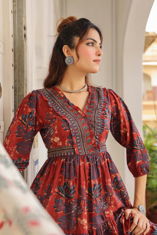 Printed V-Neck Fit and Flare Ethnic Dresses