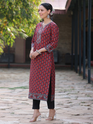 Women Maroon Ethnic Motifs Printed Pure Cotton Straight Kurta