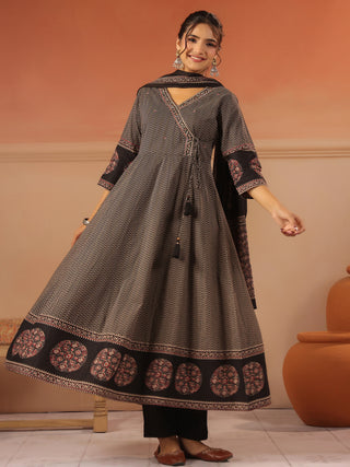 Black cotton chevron printed anarkali kurta set with solid trouser and printed cotton dupatta