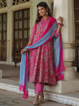 Women Fuchsia Paisley Printed Pure Cotton Kurta With Printed Trouser And Dyed Dupatta