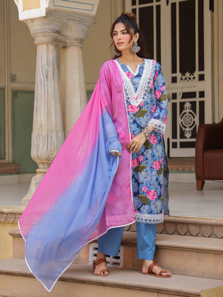 Blue Floral Print Lace 3-Piece Kurta Set