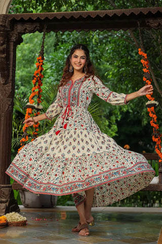 Women Cream Mix & Match Printed Anarkali Kurta, Round Neck