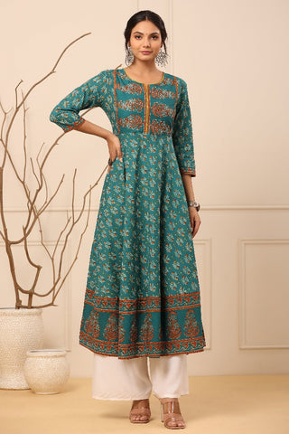 Women Teal Blue Ethnic Motifs Printed Anarkali Kurta