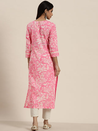 Women Pink Floral Printed Gotta Patti Straight Cotton Kurta