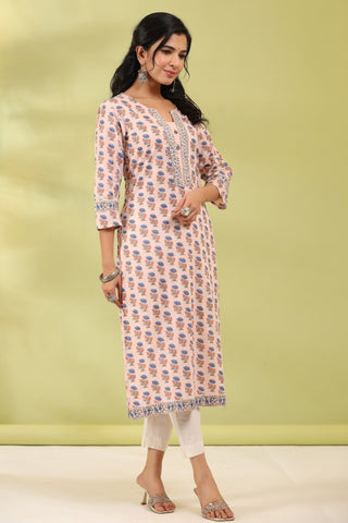 Women Pink and Blue Floral Printed Pure Cotton Kurta