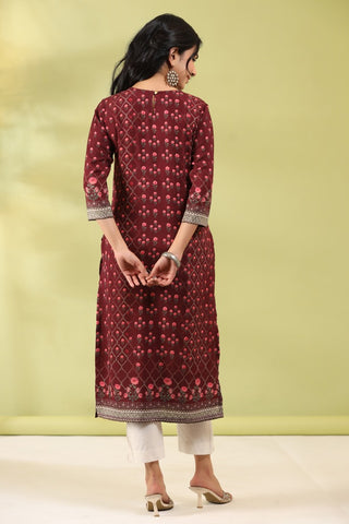 Women Maroon Digital Printed Embroidery Straight Kurta