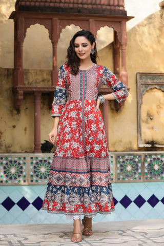 Women Red Floral Printed Pure Cotton Anarkali Kurta