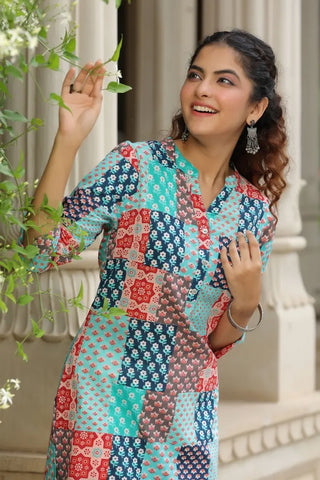 Women Blue Patch Printed A-line Kurti